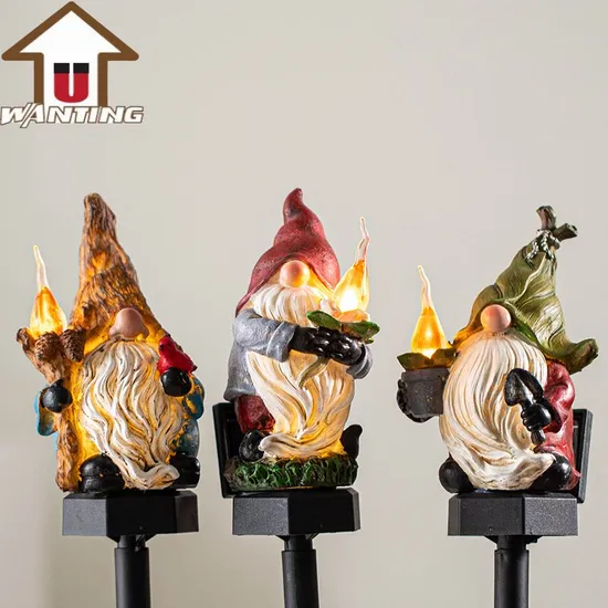 Home Decoration Gnome Holding Torch Garden Decor Solar LED Stake Light Ornament 