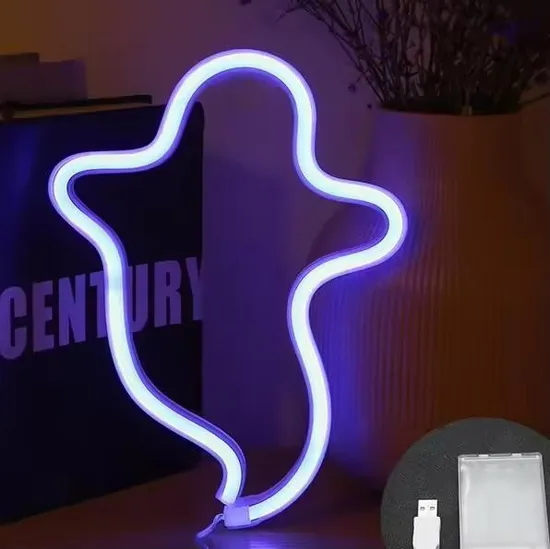 Yc LED Ghost Halloween Neon Lights Shape Hang Night Light Sign Lamp Battery USB Powered for Indoor Christmas Wedding Birthday Party 